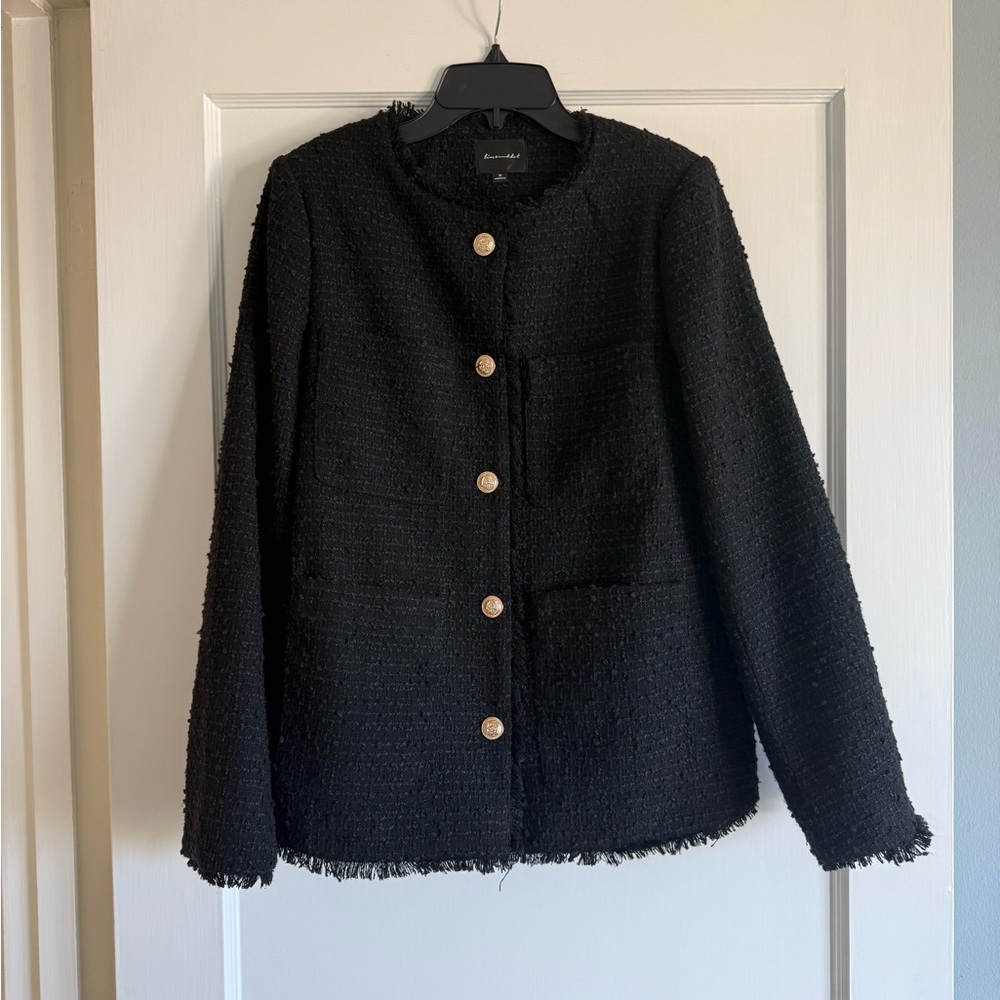 Line & Dot Black Textured Blazer with Gold Buttons